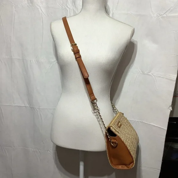 Steve Madden Crossbody Bag Straw Purse Natural Lexi Seasonal Brown Tan Gold - Picture 3 of 13